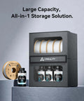 One Stop 3D Printer Filament Storage Box With Dryer Magnetic Closure And Moisture Proof Design 10Kg Capacity shown with spools and resin