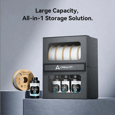 One Stop 3D Printer Filament Storage Box With Dryer Magnetic Closure And Moisture Proof Design 10Kg Capacity shown with spools and resin