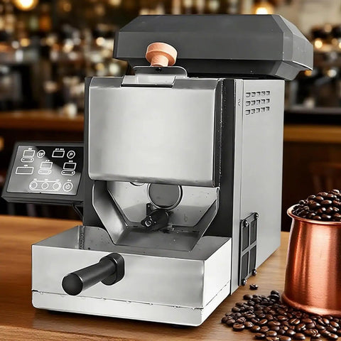 Electric Coffee Bean Roaster With Auto Baking And Transparent Viewing Drum For Home Barista Setup, compact design with control panel.