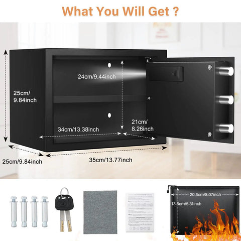 1.2 Cubic Personal Home Safe Box Fireproof And Waterproof With Removable Shelf showing dimensions, bolts, keys, and fireproof bag.