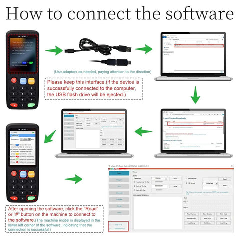 Image showing connection steps for All In One Multi Frequency RFID Copier And Reader For Access Control Systems With 13.56MHz And 125kHz Support.