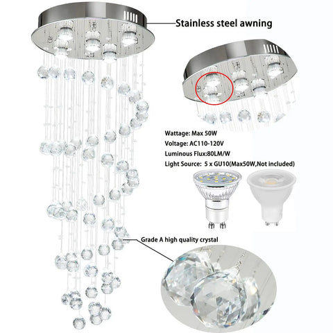 Crystal Spiral Raindrop Chandelier With K9 Crystal, Flush Mount LED Ceiling Light Fixture, features stainless steel awning