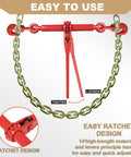 Heavy Duty Chain And Binder Set Three Eighths To One Half Inch G80 Transport Chain Ten Feet Four Pack With Ratchet Load Binders Nine Thousand Two Hundred Lbs WLL, featuring red ratchet mechanism illustrating tightening and loosening functionality.