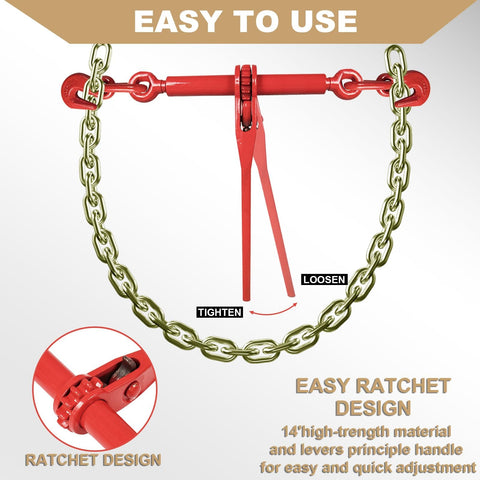 Heavy Duty Chain And Binder Set Three Eighths To One Half Inch G80 Transport Chain Ten Feet Four Pack With Ratchet Load Binders Nine Thousand Two Hundred Lbs WLL, featuring red ratchet mechanism illustrating tightening and loosening functionality.