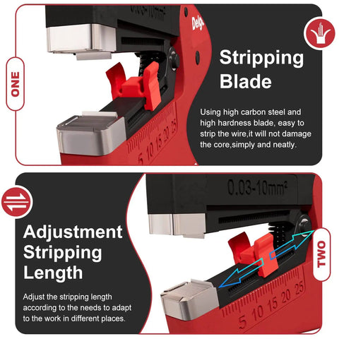 Close-up of Auto Wire Stripper And Cutter 2 In 1 with stripping blade and adjustable stripping length feature for 7-32 AWG wire.