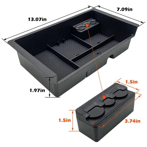 Center Console Organizer Tray Fits GMC Sierra 2014 To 2018 And Yukon Tahoe Suburban Silverado 2015 To 2020 Armrest Storage Box Replaces 22817343 Black Durable Easy To Install with dimensions and compartments