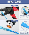 Heavy Duty Heat Shrink Blue Butt Connectors 16-14 AWG Tinned Red Copper Marine Grade Waterproof Wire Splice Connectors For Boat Marine Electronics And Stereo Installations shown with crimping and heating tools