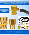 Rock Solid 48 Inch Commercial Gas Hose Connector Kit With 3/4 Quick Disconnect And Full Port Shut Off Valve showing solid brass valve and hose.