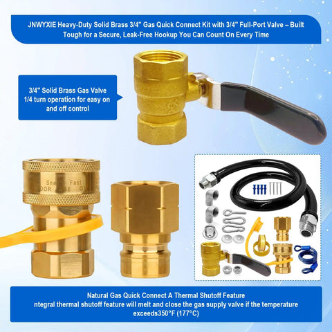 Rock Solid 48 Inch Commercial Gas Hose Connector Kit With 3/4 Quick Disconnect And Full Port Shut Off Valve showing solid brass valve and hose.