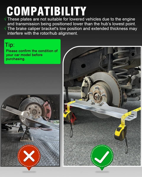 Heavy Duty Toe Alignment Tool Plates With Tape Measures Stainless Steel Wheel Alignment Plate Upgrade For Precise Toe Alignment No Fuss Setup Built Tough With Hanging Holes For Easy Wall Mounted Storage And Universal Compatibility shown during wheel alignment on vehicle.