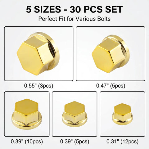 Hella Solid Gold Motorcycle Bolt Covers And Hexagon Engine Nut Caps With Wear Resistant Metal Screw Protectors For Universal Atv Scooter Fresh Ride Upgrade in five sizes.
