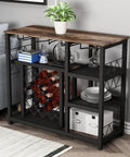 Slick Industrial Wine Rack Table Doubles As Console Table With Glass Holder And Ample Wine Storage Space To Keep Your Favorites Secure Multipurpose Floor Bar Cabinet For Kitchen Dining Room Decor Setup with a rustic wood top.