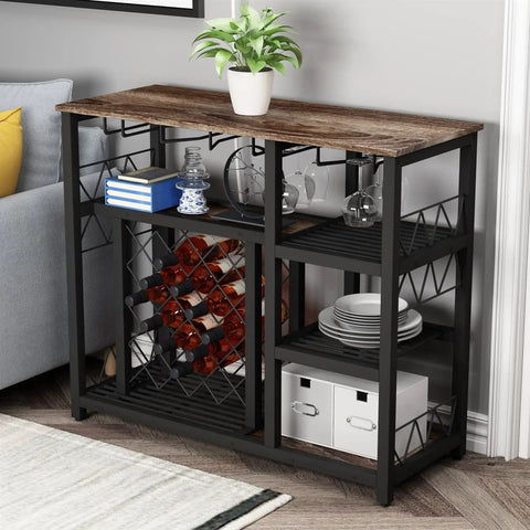 Slick Industrial Wine Rack Table Doubles As Console Table With Glass Holder And Ample Wine Storage Space To Keep Your Favorites Secure Multipurpose Floor Bar Cabinet For Kitchen Dining Room Decor Setup with a rustic wood top.