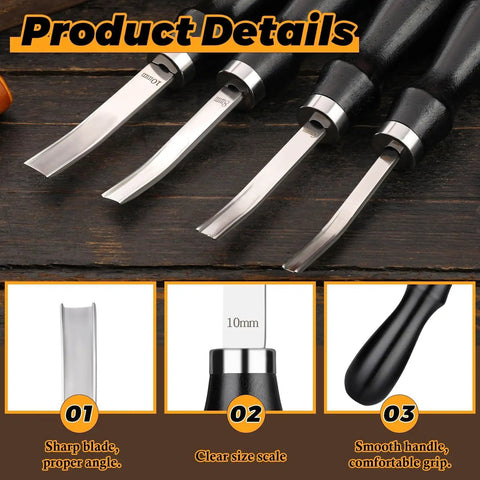 Four Size Leather Edge Beveler Tool Set With Wooden Handle For Pro Crafters, French Style Beveler, blade details and size scale.