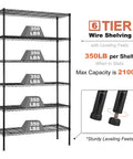Heavy Duty 6 Tier Wire Shelving Rack On Wheels NSF Certified Steel Shelves With 2100Lbs Capacity Adjustable Height Beefy Construction Built To Last Ideal For Closet Pantry Basement 18x45x82 Inches Black, six-shelf black steel rack with leveling feet