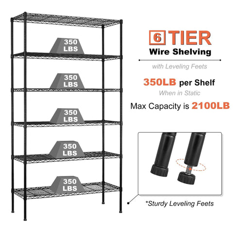 Heavy Duty 6 Tier Wire Shelving Rack On Wheels NSF Certified Steel Shelves With 2100Lbs Capacity Adjustable Height Beefy Construction Built To Last Ideal For Closet Pantry Basement 18x45x82 Inches Black, six-shelf black steel rack with leveling feet