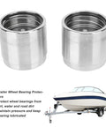 2 Pack Trailer Wheel Bearing Protectors Stainless Steel Dust Covers For Boat RV ATV Snowmobile Trailers Universal 1.98 Inch Hub Grease Cap shown with boat trailer