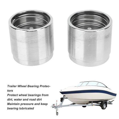 2 Pack Trailer Wheel Bearing Protectors Stainless Steel Dust Covers For Boat RV ATV Snowmobile Trailers Universal 1.98 Inch Hub Grease Cap shown with boat trailer