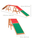 Agility Dog Walk Ramp With Color Coded Contact Zones for safe training showing dimensions, outdoor pine material and color zones