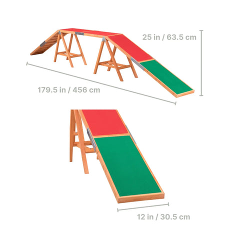 Agility Dog Walk Ramp With Color Coded Contact Zones for safe training showing dimensions, outdoor pine material and color zones