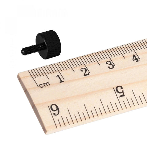 M3x8mm Knurled Thumb Screws In Matte Black Aluminum Alloy Full Threaded Pack Of 10 for precision hardware beside ruler for size reference.