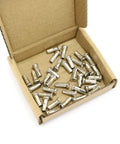 Open box displaying 36 Piece MTB Spoke Nipples, 12mm Length, 14G 2mm Diameter, Silver Carbon Steel, Rust Resistant, for bike repairs.