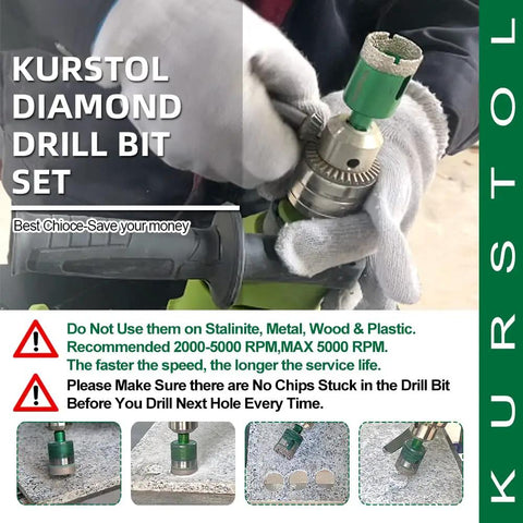 Diamond Core Drill Bit Kit With Vacuum Brazed Technology For Dry Drilling shown in use with safety tips, gloves, and drill.