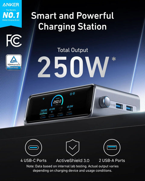 Prime 250W GaN USB C Charging Station With Six Ports Four USB C And Two USB A Two Point Two Six Inch LCD Smart Display