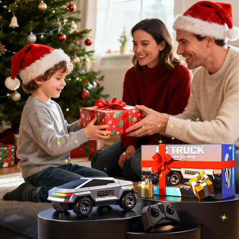Family gifting a 1/24 Scale Remote Control Monster Truck For Kids With Colorful Lights, 2.4GHz RC Car under Christmas tree