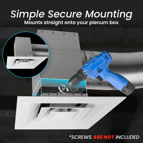 Installation of Tough As Nails Aluminum Ceiling Diffuser Snug Fit 9 Inch Square Vent Cover with drill onto a plenum box.