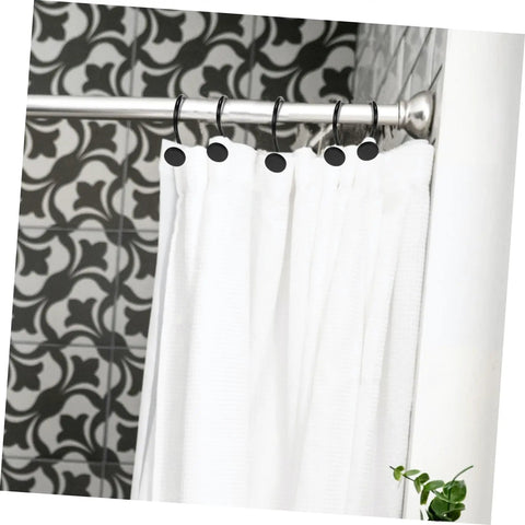 Rustproof Metal Shower Curtain Rings 12 Piece Set For Bathroom With Easy Glide Hanging Hooks on rod with white curtain