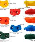 25 Pack Rock Climbing Holds Kit With Multi Color Grips And Mounting Hardware Includes 10.7 Feet Rope Nuts Bolts Washers And Wrench For Indoor And Outdoor Wall Climbing featuring size dimensions and colors of holds