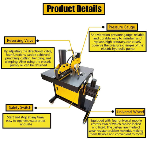 Beilockery Electric Hydraulic Busbar Processor Machine showing features like pressure gauge, reversing valve, and safety switch.