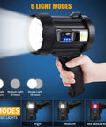 Person holding Beast Mode 2,000,000 Lumens Rechargeable Spotlight with Solar Panel showing 6 light modes.