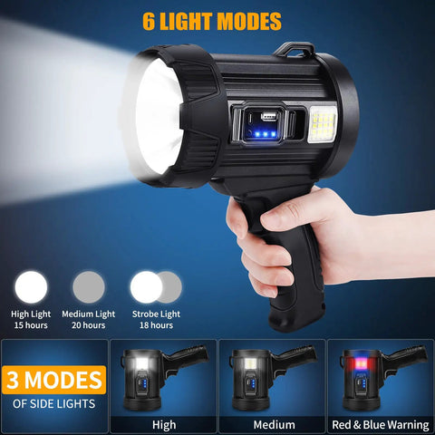 Person holding Beast Mode 2,000,000 Lumens Rechargeable Spotlight with Solar Panel showing 6 light modes.