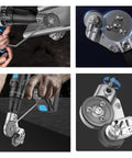 Assorted views of Plate Cutter Drill Attachment for Metal Sheets Upgraded 2024, showing installation and cutting mechanism for handheld drills