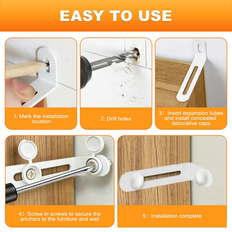 Installation steps for Heavy Duty Furniture Anchors For Baby Proofing 12 Pack White Anti Tip Wall Mount Kit shown in images.