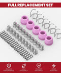 AG60P Plasma Cutter Consumables Kit With Torch Tips And Nozzles, 50Pcs Set For BTC500DP And BTC650DP displayed with pink shield cups and metal guides