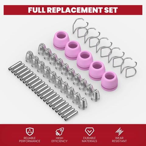 AG60P Plasma Cutter Consumables Kit With Torch Tips And Nozzles, 50Pcs Set For BTC500DP And BTC650DP displayed with pink shield cups and metal guides