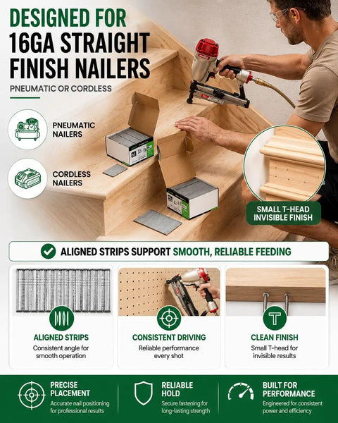 Pro Trade 16 Gauge Finish Nails 2-1/2 Inch Galvanized Straight T Head Design shown with nailer on wooden stairs.