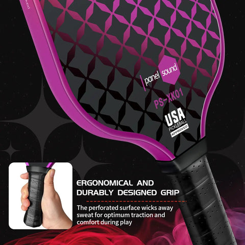 Close-up of USAPA-approved pickleball paddle with ergonomic grip, part of Four Pack Pickleball Paddles Set With Fiberglass Faces And 14mm Honeycomb Core.