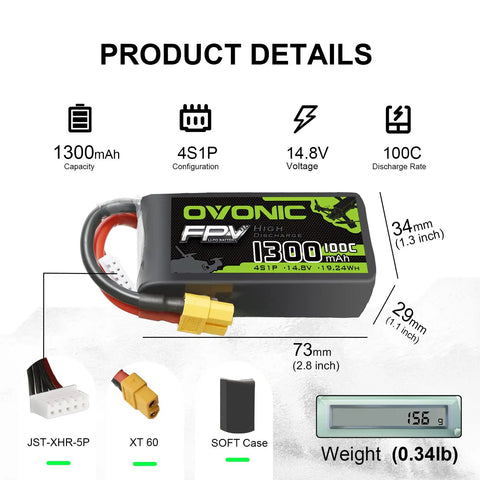 4S 1300mAh 14.8V LiPo Battery With XT60 Connector For RC FPV Racing Drone Quad Copter 100C High Discharge Soft Case
