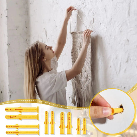 Woman hanging decor using 200 Piece Yellow Drywall Anchors Kit In 5 Sizes; close-up shows installation of durable plastic wall plugs.