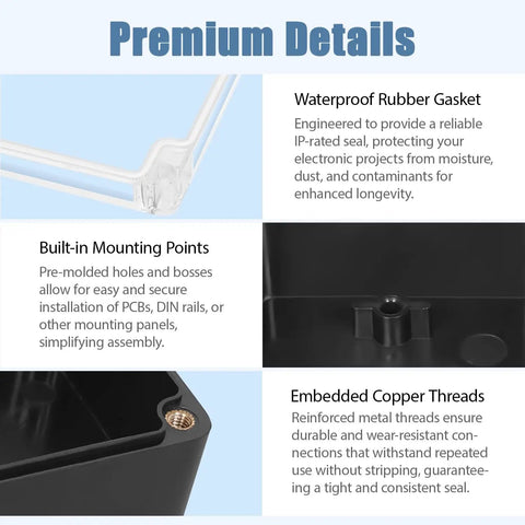 Close-up of Rugged Outdoor Electrical Junction Box IP65 Waterproof Dustproof ABS Plastic Enclosure features, showcasing gasket and threads.