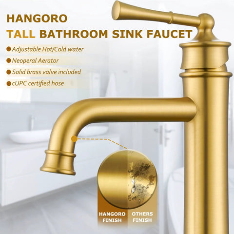 Gold bathroom sink faucet with single handle and tall design in modern bathroom setting.