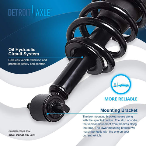 Oil hydraulic strut from 2 Front Replacement Struts With Coil Springs For Chevy GMC Silverado Sierra Yukon XL Suburban 1500 Tahoe Escalade ESV EXT Ready To Install Strut Assemblies Excluding Electronic Suspension, close-up view of mounting bracket.