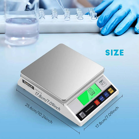 Top Notch Digital Lab Scale 10kg Capacity With 0.1g Precision, Fast Readout in lab setting, stainless steel pan, dimensions shown