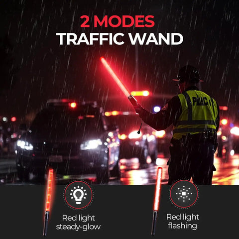 Two Pack 21 Inch LED Traffic Wands With Dual Flash Modes in use by officer directing traffic at night in the rain.