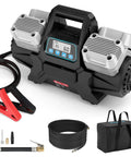 Hassle Free 12 Volt Four Cylinder Fast Tire Inflator With Smart Auto Stop Digital Readout, compact design with accessories.