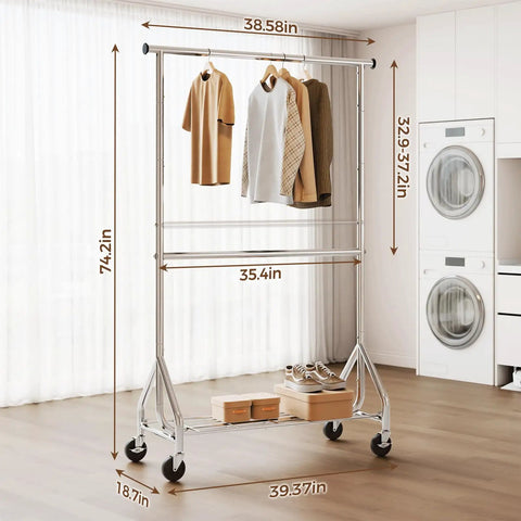 Kickass Durability Double Rod Clothes Rack, Rolling Garment Stand With Zero Hassle Setup, Heavy Duty Freestanding Closet Organizer For Bedroom Or Laundry, Space Savvy Two Tier Build In Sleek Silver